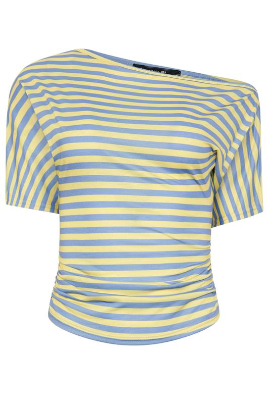 PixieGirl Petite Women's Blue & Yellow Stripe Slash Neck Ruched T-Shirt | PixieGirl  5