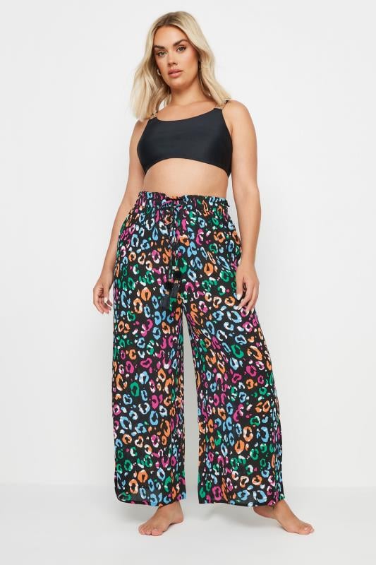 YOURS Plus Size Black Rainbow Leopard Print Beach Trousers | Yours Clothing 2