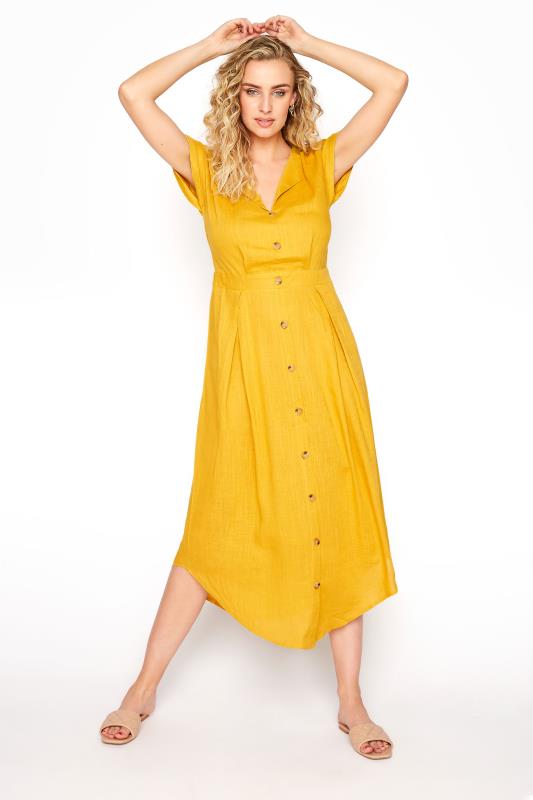 LTS Tall Bright Yellow Linen Blend Button Front Tulip Dress_A.jpg