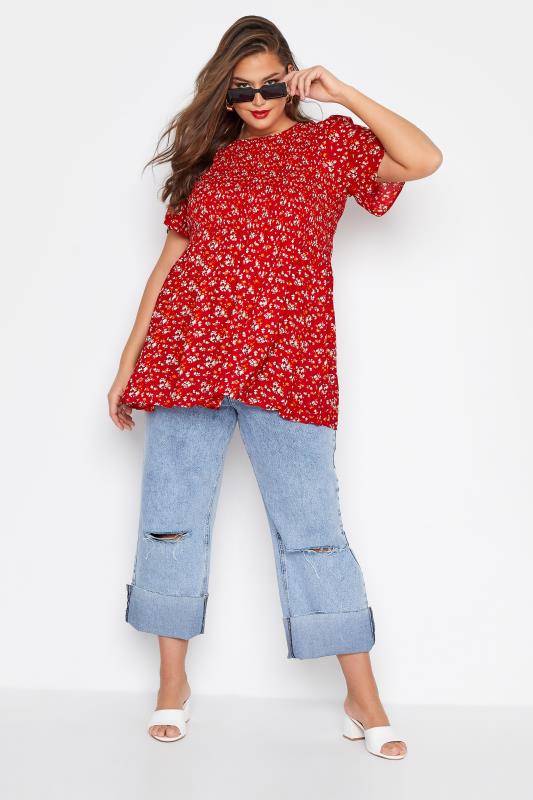 LIMITED COLLECTION Curve Red Floral Shirred Crinkle Smock Top_B.jpg