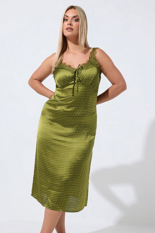 olive green satin dress plus size YOURS Polka Dot Lace Trim formal satin dress for plus size