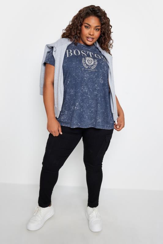 YOURS Plus Size Navy Blue 'Boston' Slogan Acid Wash T-Shirt | Yours Clothing 2