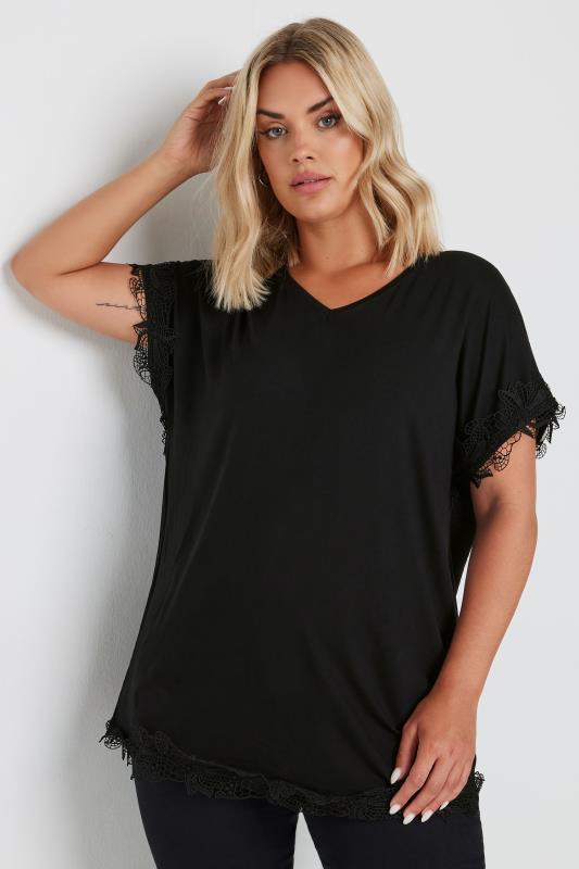 YOURS Curve Black Lace Detailed T-Shirt | Yours Clothing  1