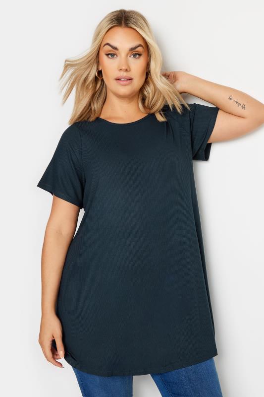 Plus Size Navy Blue Ribbed Swing Top | Yours Clothing 1
