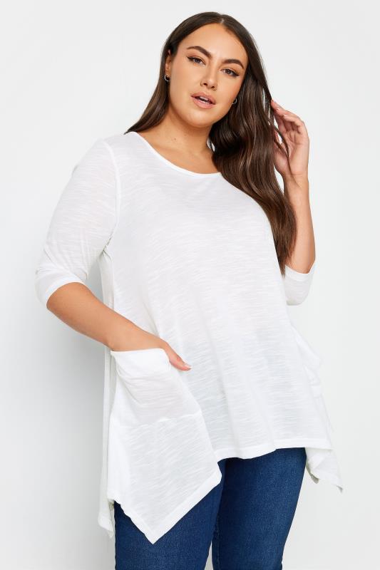 YOURS Plus Size White Hanky Hem Pocket Top | Yours Clothing 1