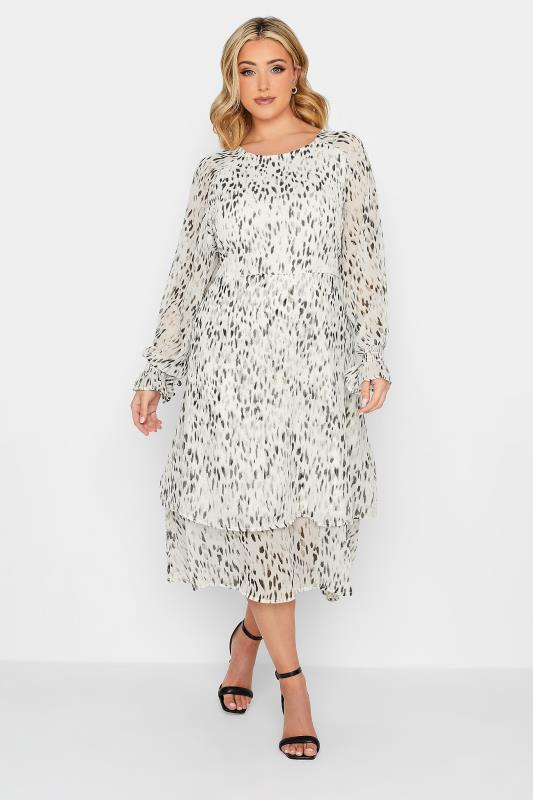Plus Size  YOURS PETITE Curve White Animal Print Tiered Dress