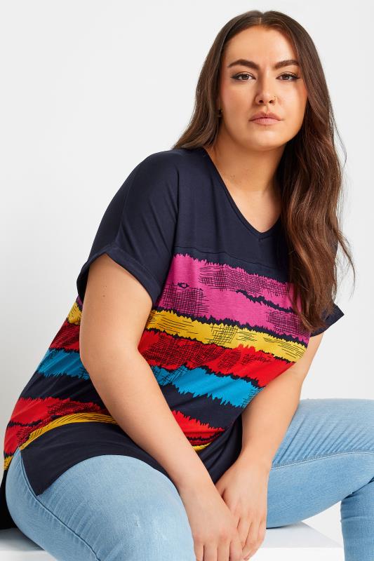YOURS Plus Size Navy Blue Abstract Stripe Print Top | Yours Clothing 1