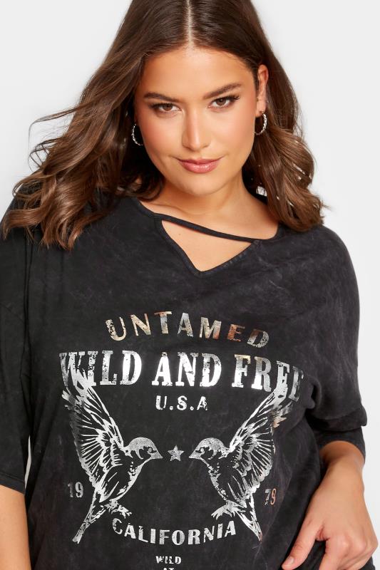 YOURS Plus Size Curve Black 'Untamed Wild & Free' Slogan Acid Wash T-Shirt | Yours Clothing  4