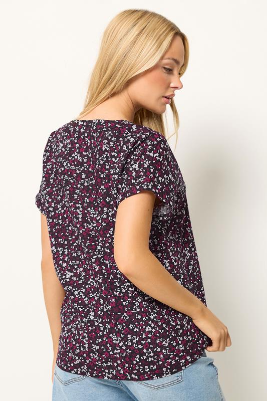 M&Co Berry Purple Ditsy Floral Print Button Front Blouse | M&Co 2