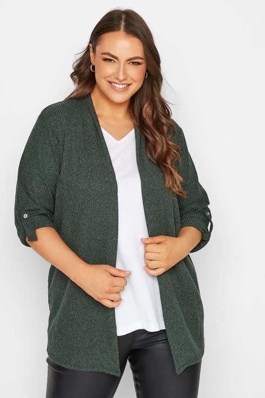 Plus Size Forest Green Ribbed Roll Tab Cardigan | Yours Clothing 1