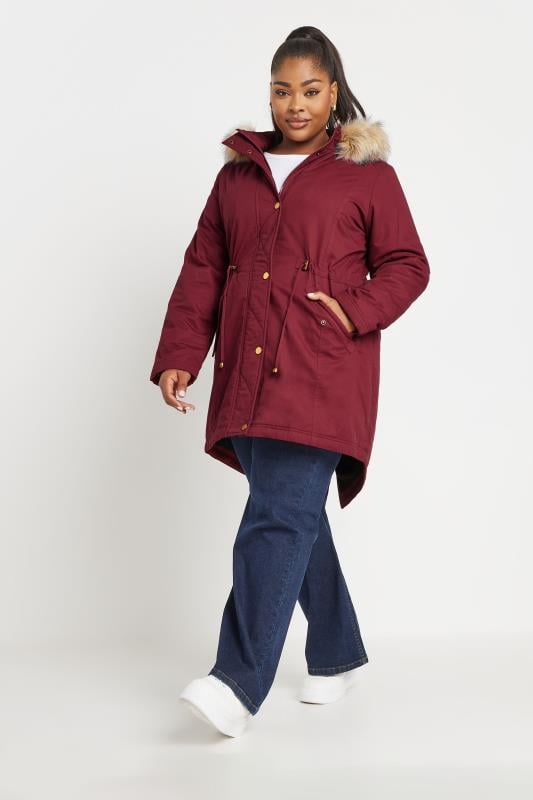 YOURS Plus Size Berry Red Faux Fur Trim Parka Coat Yours Clothing