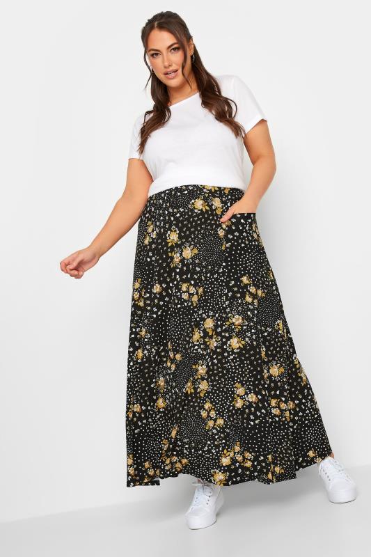 YOURS Curve Black & Yellow Mixed Print Pocket Detail Maxi Skirt | Yours Clothing 3