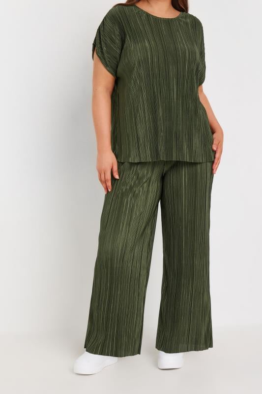  Grande Taille LIMITED COLLECTION Curve Khaki Green Textured Wide Leg Trousers