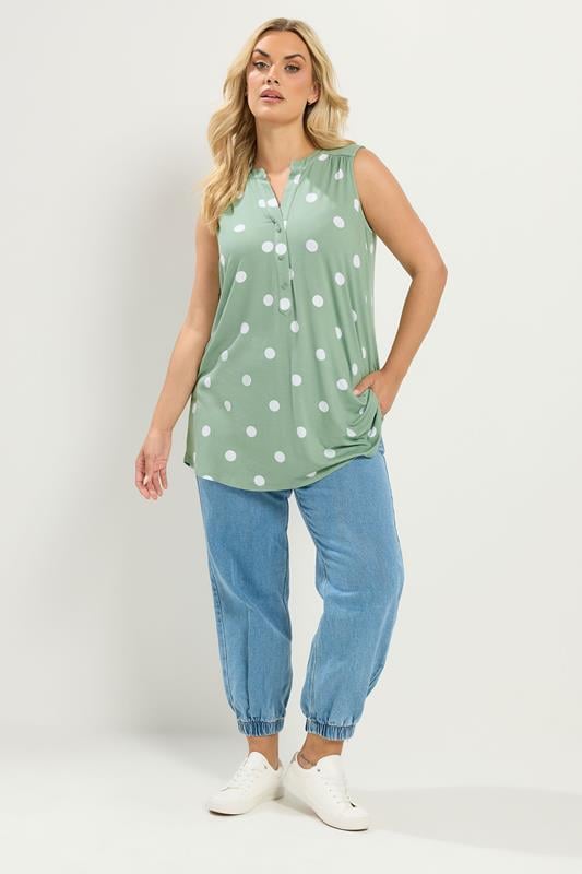 YOURS Plus Size Green Polka Dot Sleeveless Swing Blouse | Yours Clothing 1