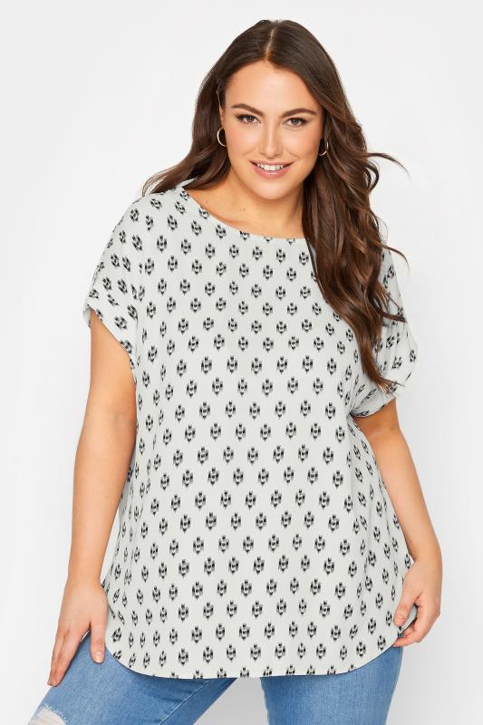 YOURS Plus Size White Printed Tab Sleeve Blouse | Yours Clothing 1