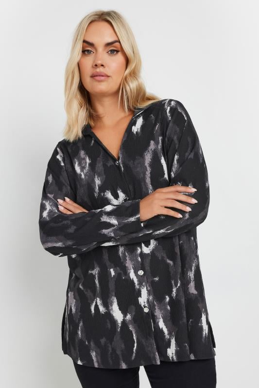 YOURS Plus Size Black Abstract Blur Print Textured Shirt | Yours Clothing  1