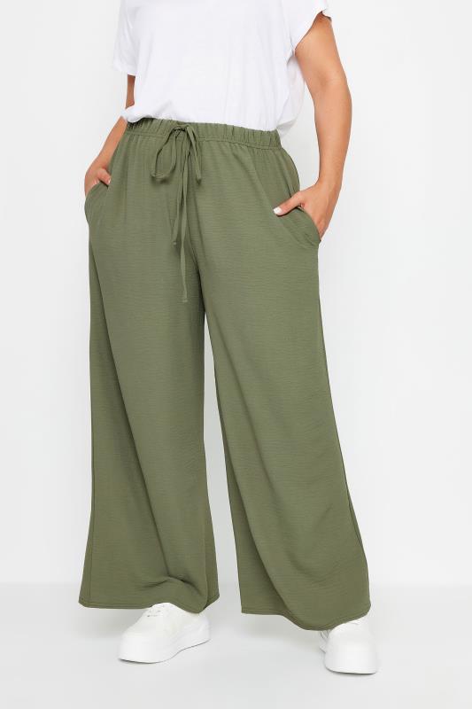 YOURS Plus Size Khaki Green Twill Wide Leg Trousers | Yours Clothing 1