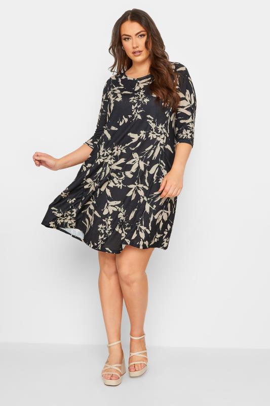 Plus Size Black Floral Print Pocket Swing Dress | Yours Clothing 2