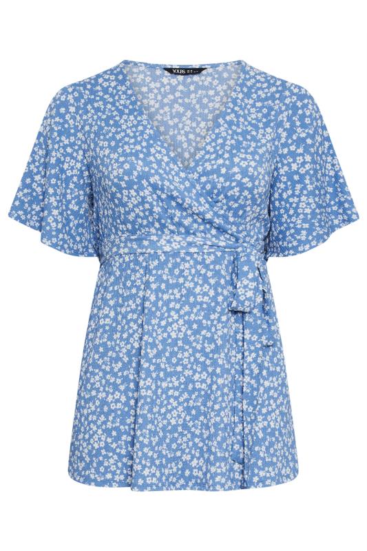 YOURS Plus Size Blue Floral Print Textured Wrap Top | Yours Clothing 5