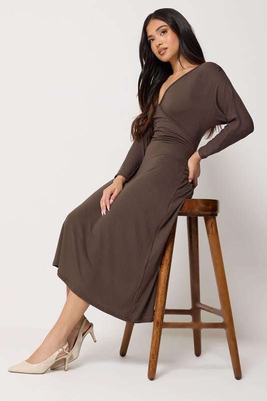  PixieGirl Petite Chocolate Brown Wrap Midi Dress
