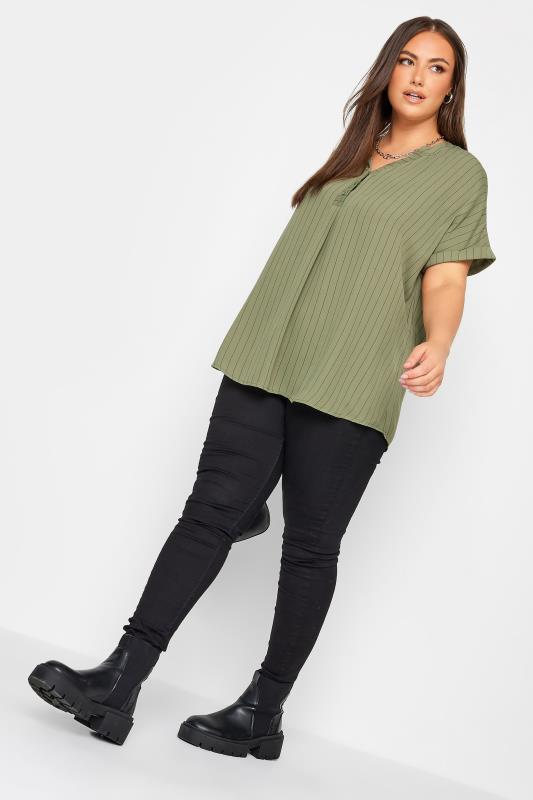 YOURS Curve Plus Size Khaki Green Half Placket Stripe Blouse | Yours Clothing  2