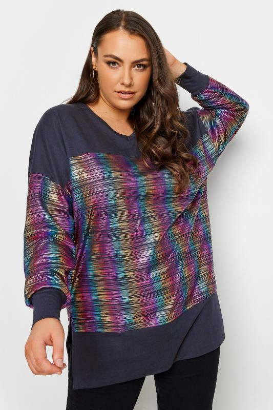 YOURS Plus Size Black Rainbow Metallic Stripe Top | Yours Clothing 1