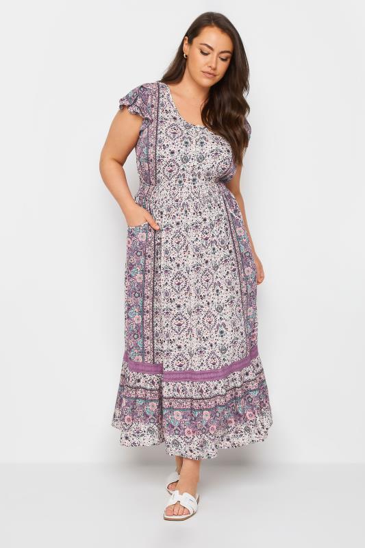 YOURS Plus Size Purple Floral Print Crinkle Maxi Dress | Yours Clothing 2