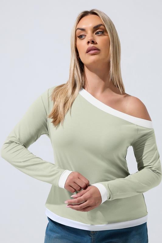  LIMITED COLLECTION Curve Sage Green Contrast Off Shoulder Top