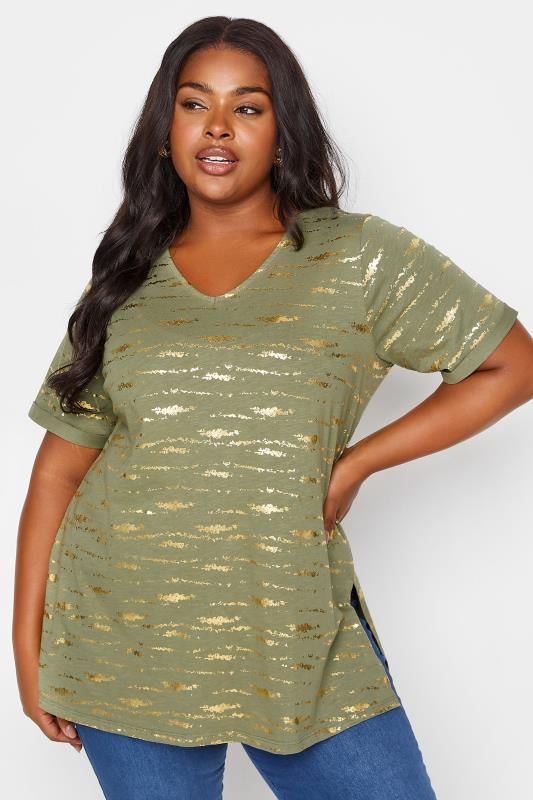  Grande Taille YOURS Curve Khaki Green Foil Print Top