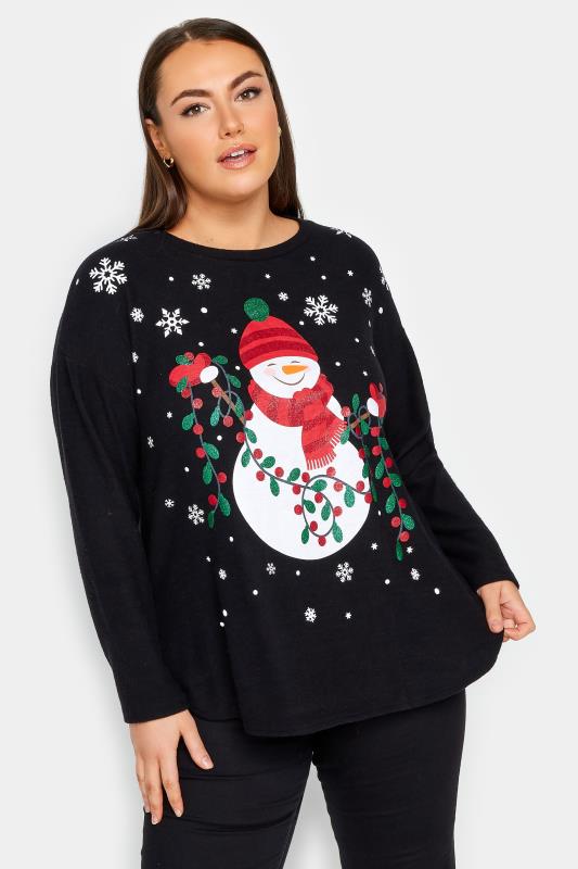 YOURS Plus Size Black Snowman Print Soft Touch Christmas Jumper | Yours Clothing 1