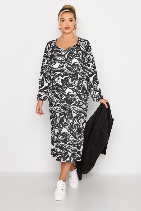LIMITED COLLECTION Plus Size Black Swirl Ruched Midi Dress | Yours Clothing 2