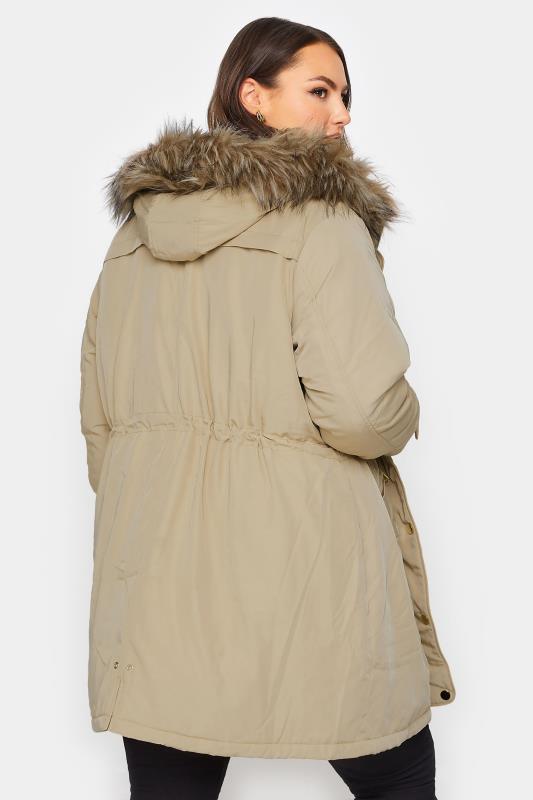 Plus Size Natural Brown Plush Fur Trim Parka Coat | Yours Clothing 4