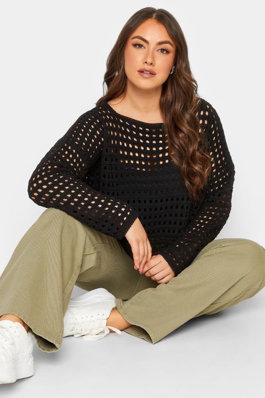 YOURS Plus Size Curve Black Long Sleeve Crochet Jumper | Yours Clothing  4