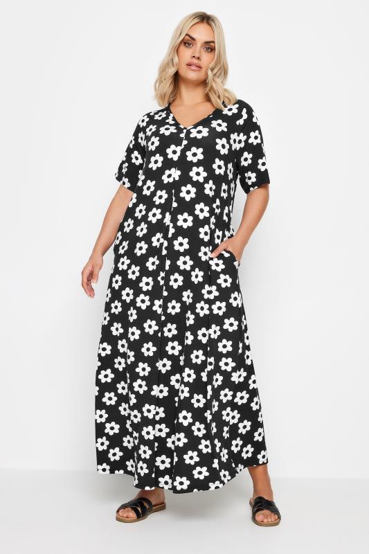 YOURS Plus Size Black Floral Print Pleat Front Maxi Dress | Yours Clothing 1