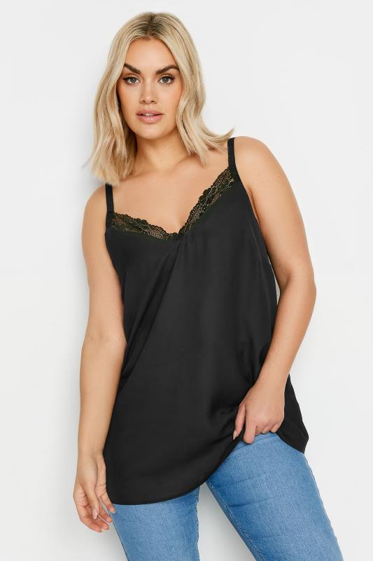 YOURS Plus Size Black Lace Trim Cami Top | Yours Clothing 1