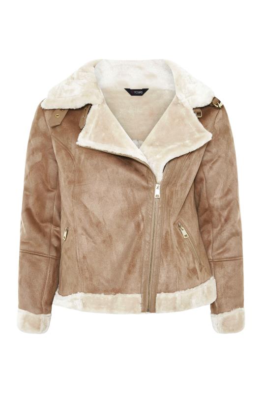 Plus Size Beige Brown Faux Fur Trim Aviator Jacket | Yours Clothing 6