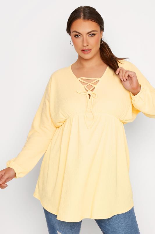 LIMITED COLLECTION Curve Lemon Yellow Crinkle Lace Up Peplum Blouse 1