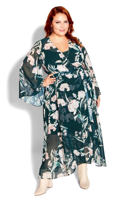 Plus Size  City Chic Dark Green & White Floral Print Maxi Dress