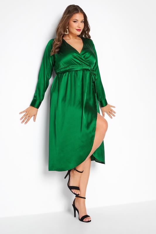  LIMITED COLLECTION Curve Forest Green Satin Wrap Dress