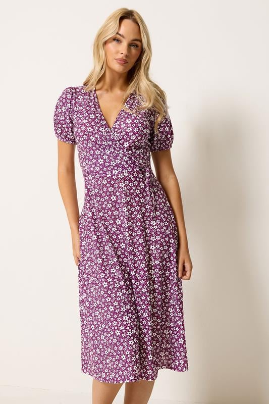  M&Co vestido midi cruzado rojo frambuesa con florecillas