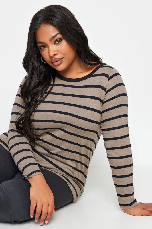 YOURS Plus Size 2 PACK Black & Brown Stripe Print Cotton Tops | Yours Clothing 6