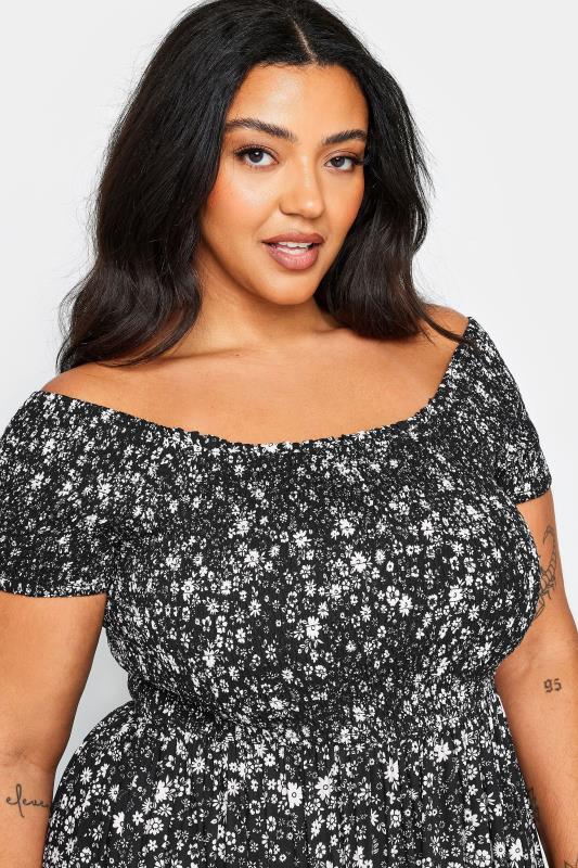 YOURS Plus Size Black Ditsy Floral Print Shirred Maxi Dress | Yours Clothing 5