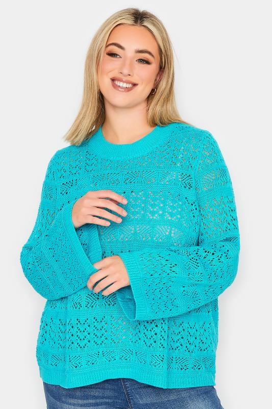 Plus Size  YOURS PETITE Curve Light Blue Crochet Top