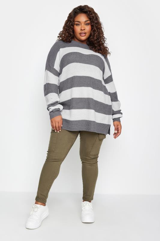 YOURS Plus Size Grey Stripe Ribbed Knit Jumper | Yours Clothing 2