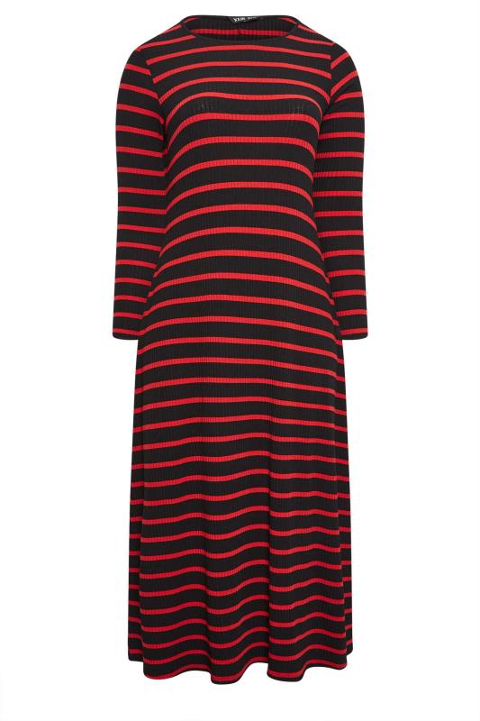 YOURS Curve Red Striped Ribbed Long Sleeve Swing Maxi Dress | Yours Clothing 6