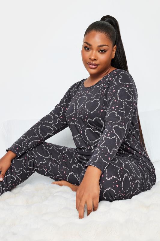 YOURS Plus Size Grey Heart & Star Print Tapered Pyjama Set | Yours Clothing 4
