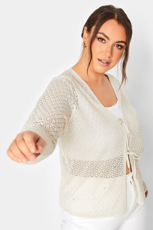 YOURS Curve Plus Size Cream Metallic Tie Knot Front Cardigan | Yours Clothing  1