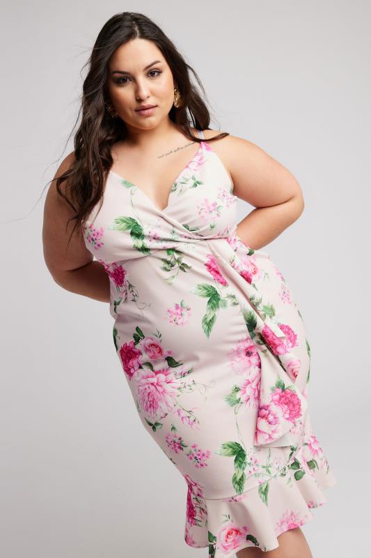 Grande Taille YOURS LONDON Curve Pink Floral Print Ruffle Midi Dress