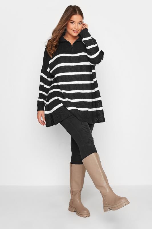 Curve Black & White Stripe Quarter Zip Knitted Jumper | Yours Clothing  2