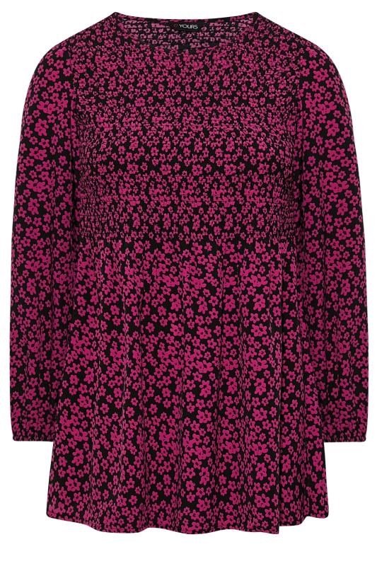 Plus Size Pink Floral Print Balloon Sleeve Shirred Top | Yours Clothing 6